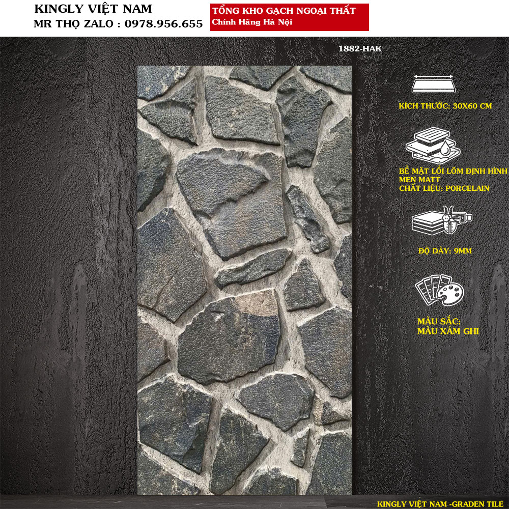 Gạch ốp tường ngoài trời giả đá 30x60 đẹp 1882